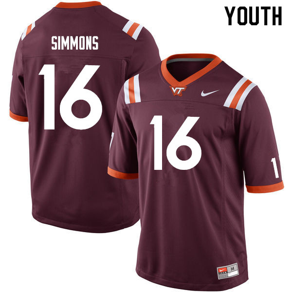 Youth #16 Darryle Simmons Virginia Tech Hokies College Football Jerseys Sale-Maroon